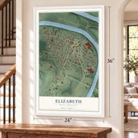Elizabeth, West Virginia map, 24 x 36 inch print in a white frame by a staircase