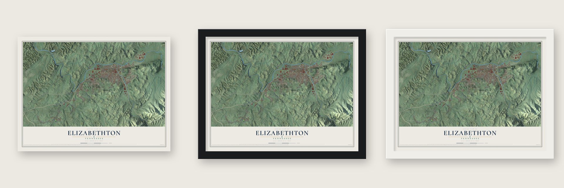 Elizabethton, Tennessee map unframed, in a black wood frame and in a white wood frame