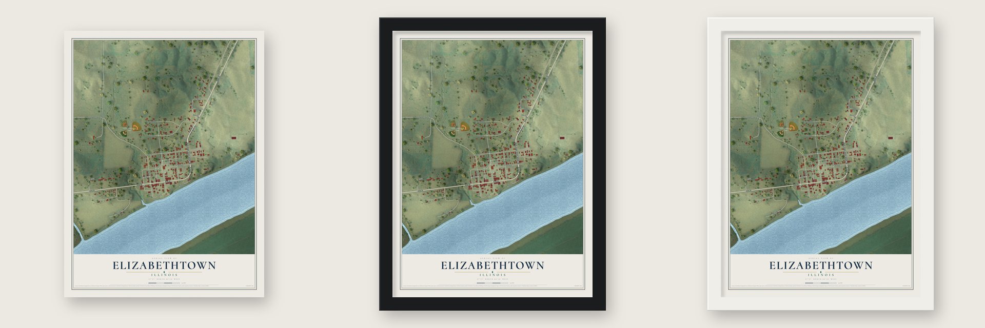 Elizabethtown, Illinois map unframed, in a black wood frame and in a white wood frame