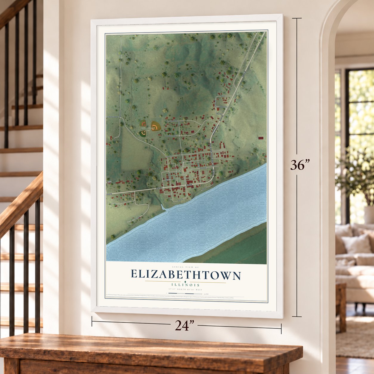 Elizabethtown, Illinois map, 24 x 36 inch print in a white frame by a staircase