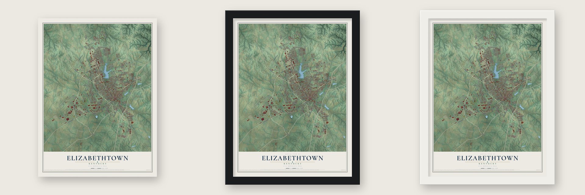 Elizabethtown, Kentucky map unframed, in a black wood frame and in a white wood frame