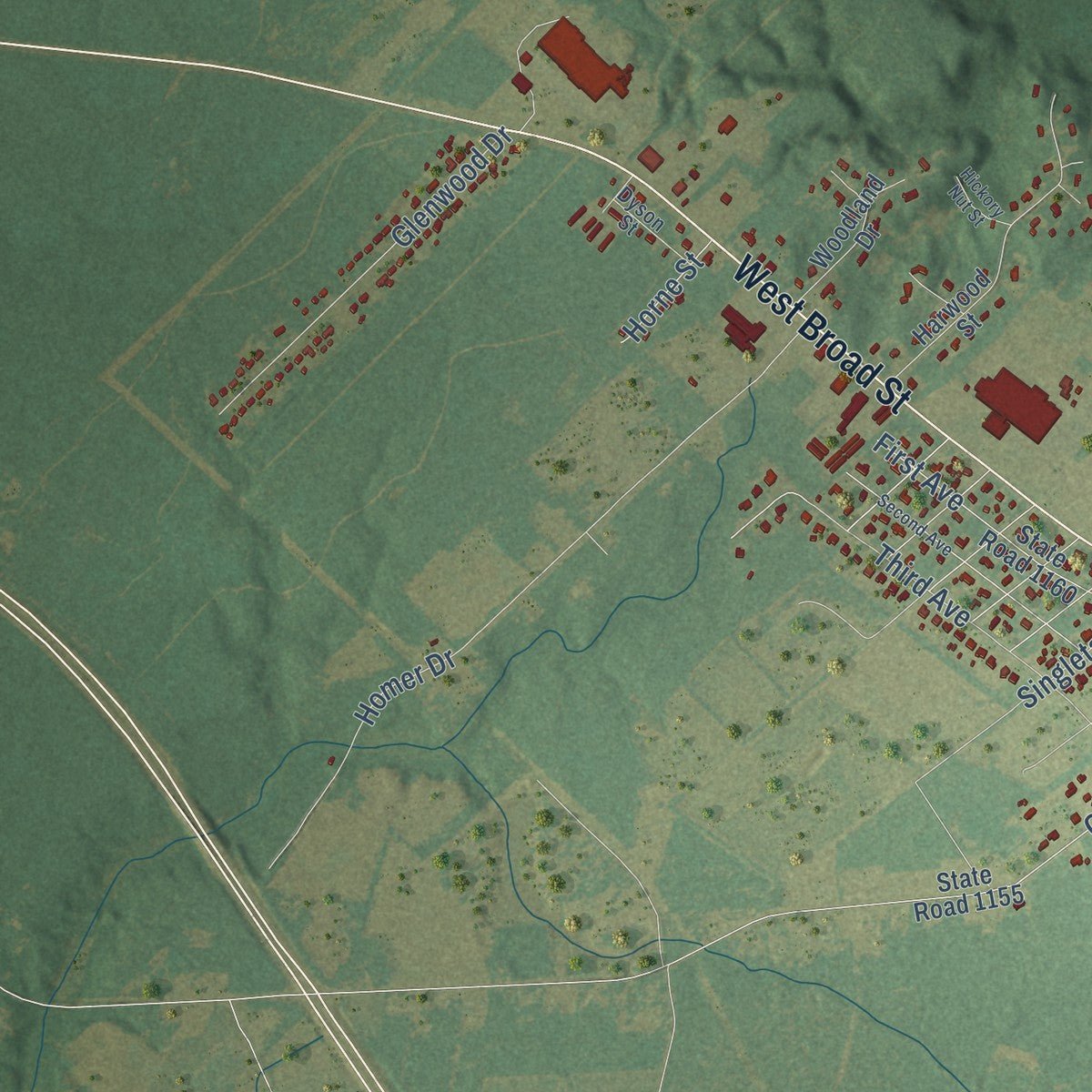 Second close-up of the map of Elizabethtown, North Carolina print showing more streets and buildings