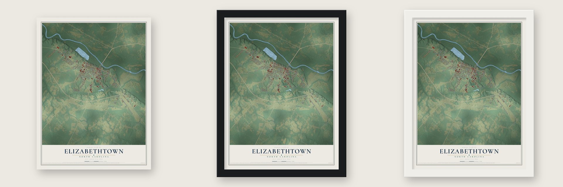 Elizabethtown, North Carolina map unframed, in a black wood frame and in a white wood frame