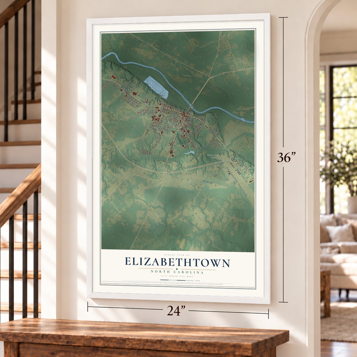 Elizabethtown, North Carolina map, 24 x 36 inch print in a white frame by a staircase