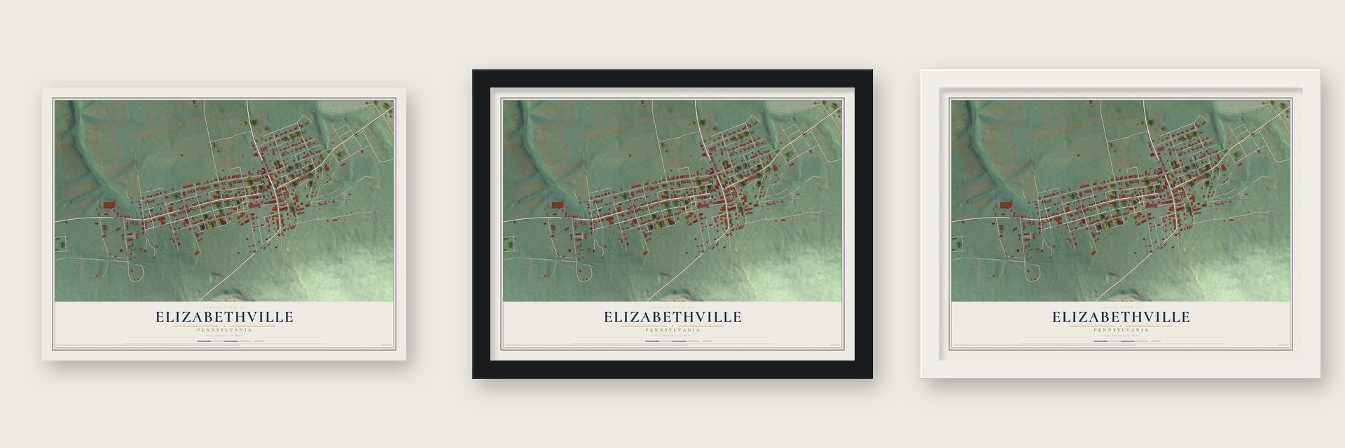 Elizabethville, Pennsylvania map unframed, in a black wood frame and in a white wood frame