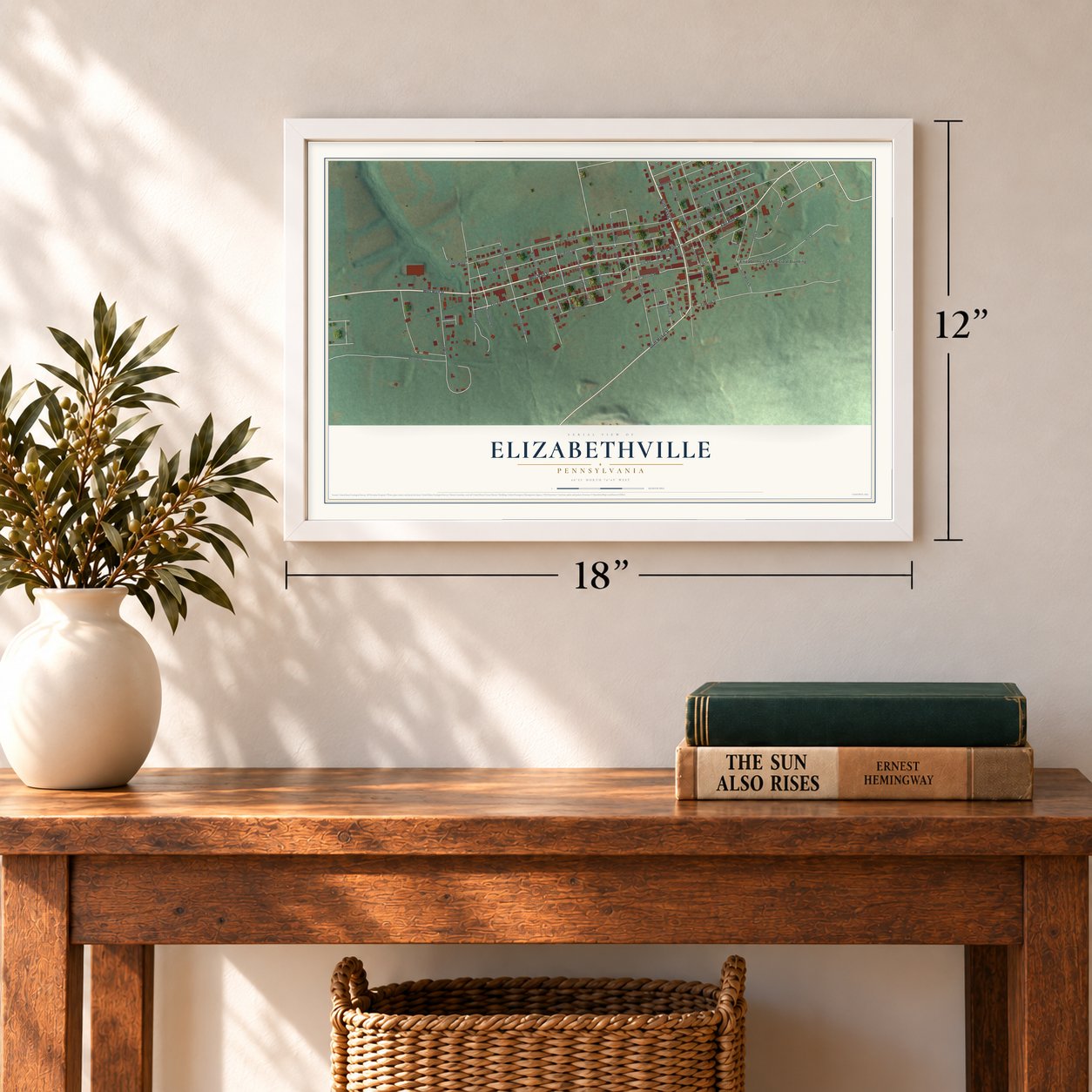Elizabethville, Pennsylvania map, 12 x 18 inch print in a white frame in an entryway