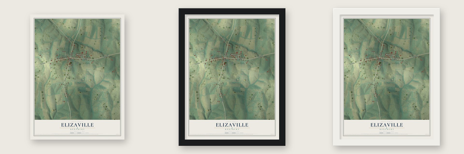 Elizaville, Kentucky map unframed, in a black wood frame and in a white wood frame