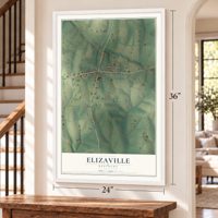 Elizaville, Kentucky map, 24 x 36 inch print in a white frame by a staircase