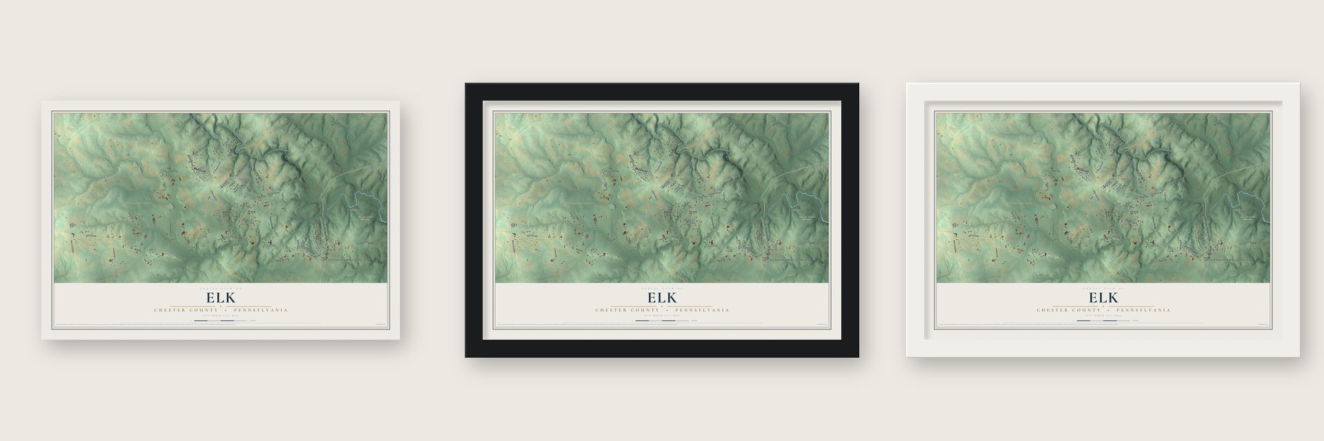 Elk, Chester County, Pennsylvania map unframed, in a black wood frame and in a white wood frame
