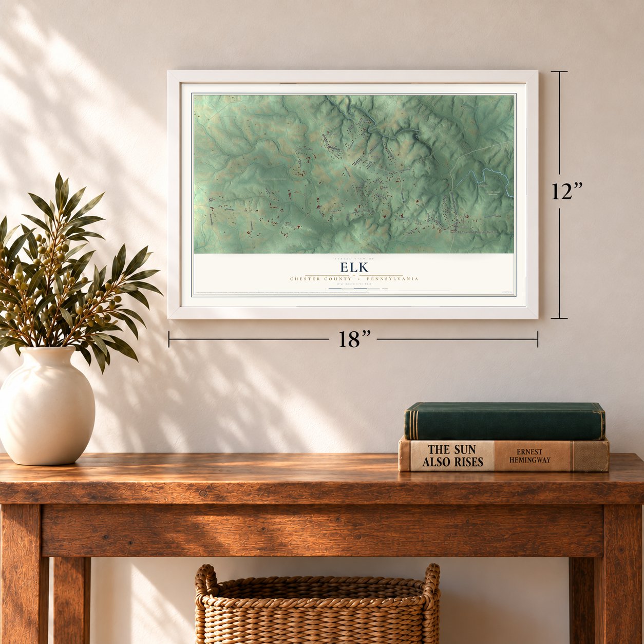 Elk, Chester County, Pennsylvania map, 12 x 18 inch print in a white frame in an entryway