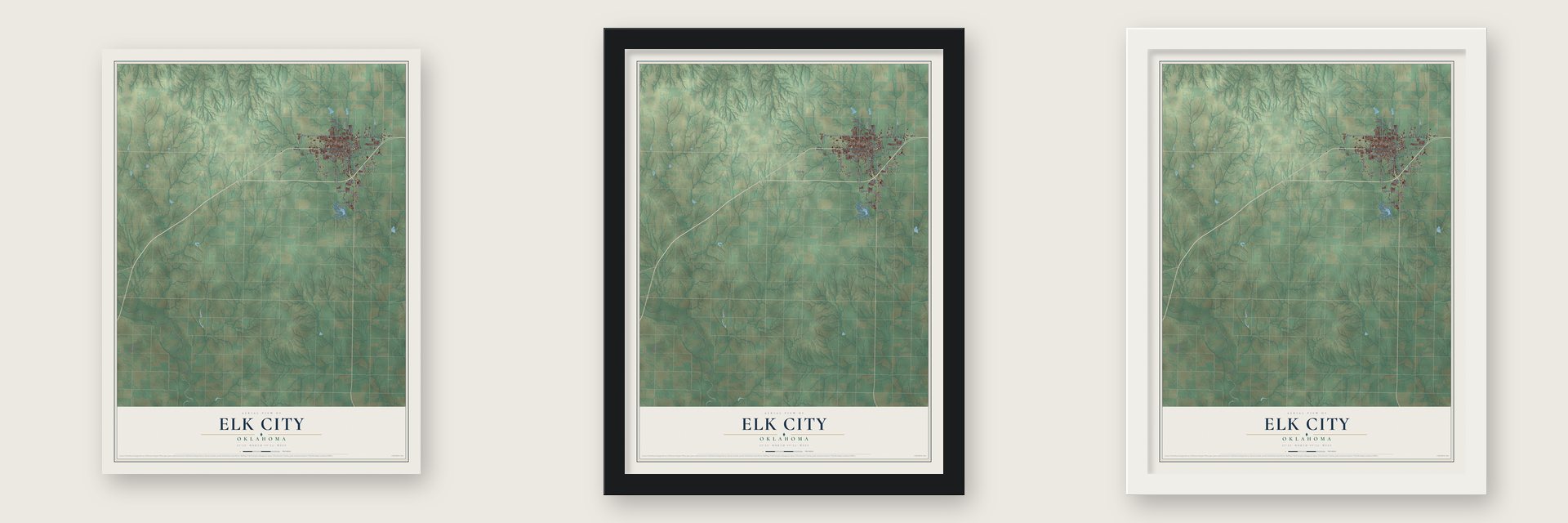 Elk City, Oklahoma map unframed, in a black wood frame and in a white wood frame