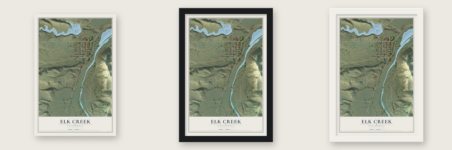 Elk Creek, California map unframed, in a black wood frame and in a white wood frame