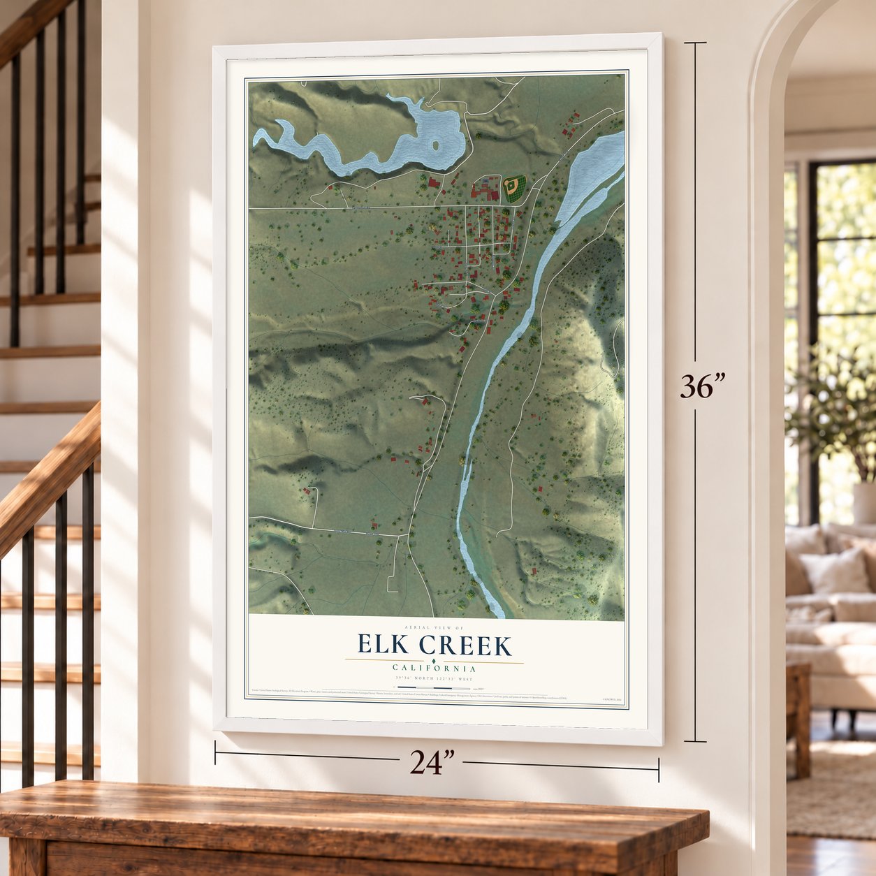 Elk Creek, California map, 24 x 36 inch print in a white frame by a staircase