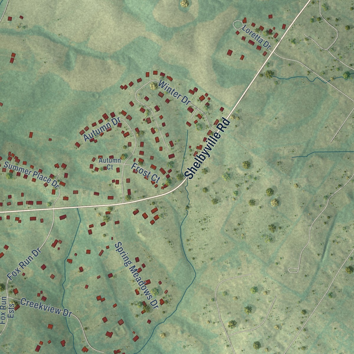 Second close-up of the map of Elk Creek, Kentucky print showing more streets and buildings