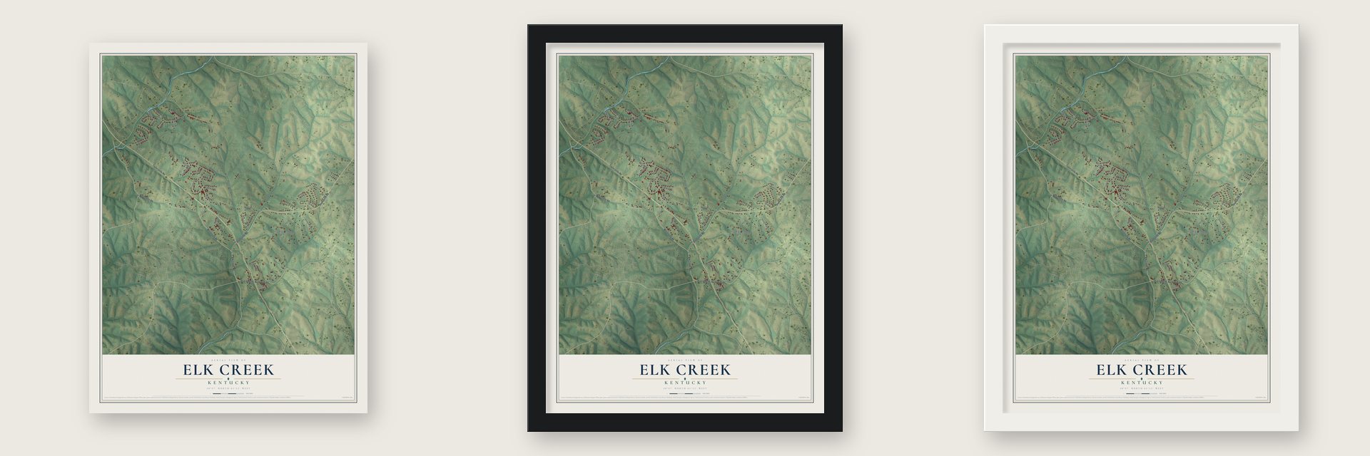 Elk Creek, Kentucky map unframed, in a black wood frame and in a white wood frame