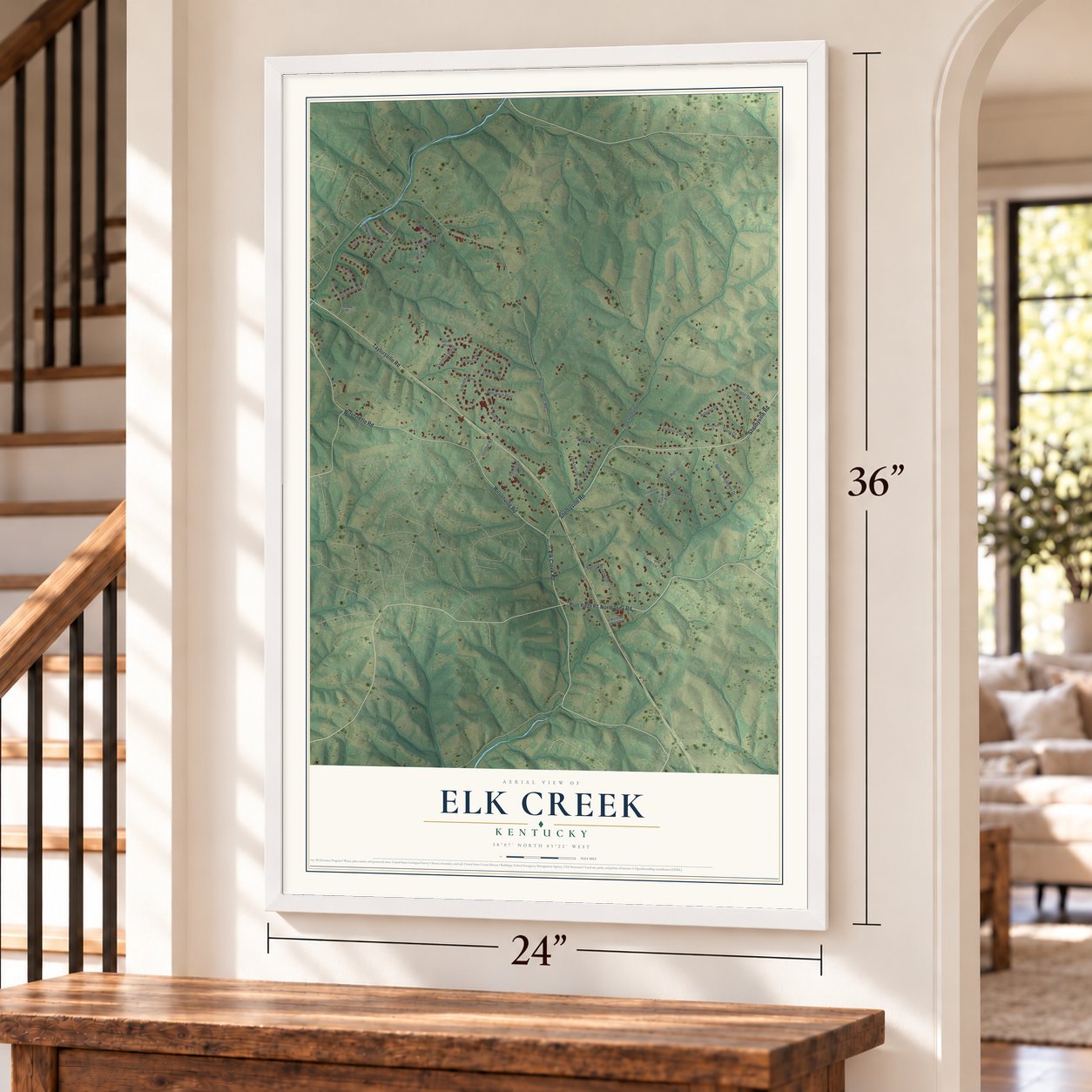 Elk Creek, Kentucky map, 24 x 36 inch print in a white frame by a staircase