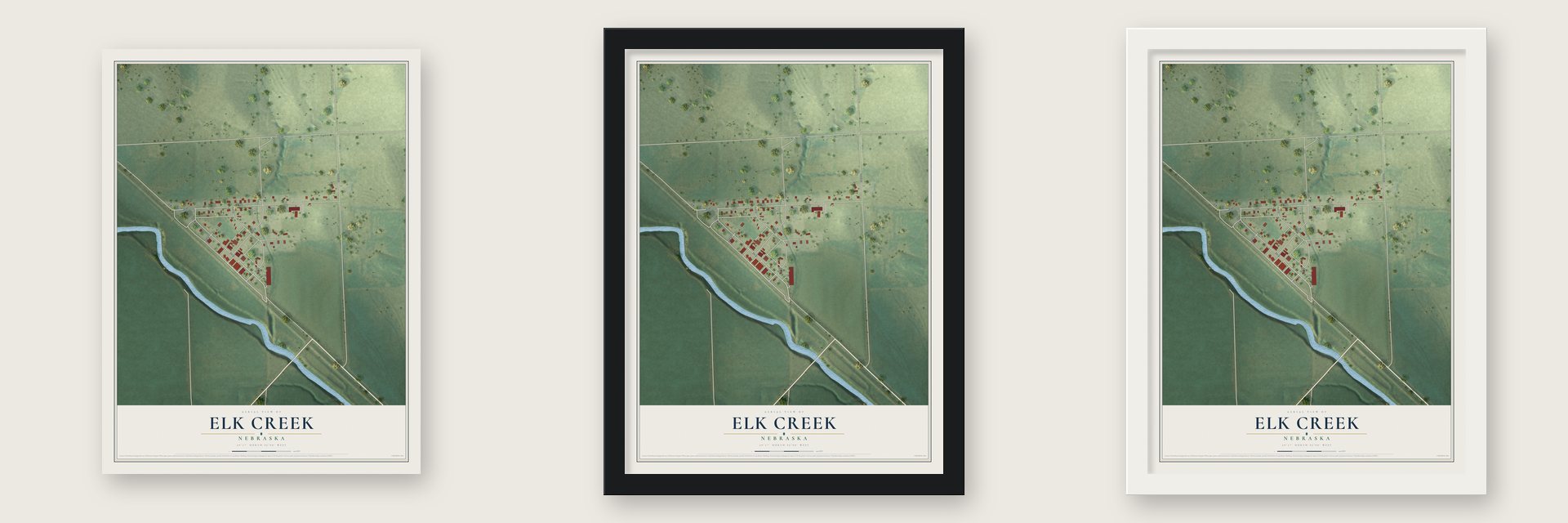 Elk Creek, Nebraska map unframed, in a black wood frame and in a white wood frame