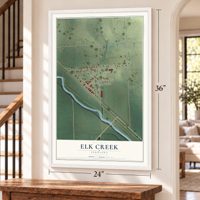 Elk Creek, Nebraska map, 24 x 36 inch print in a white frame by a staircase