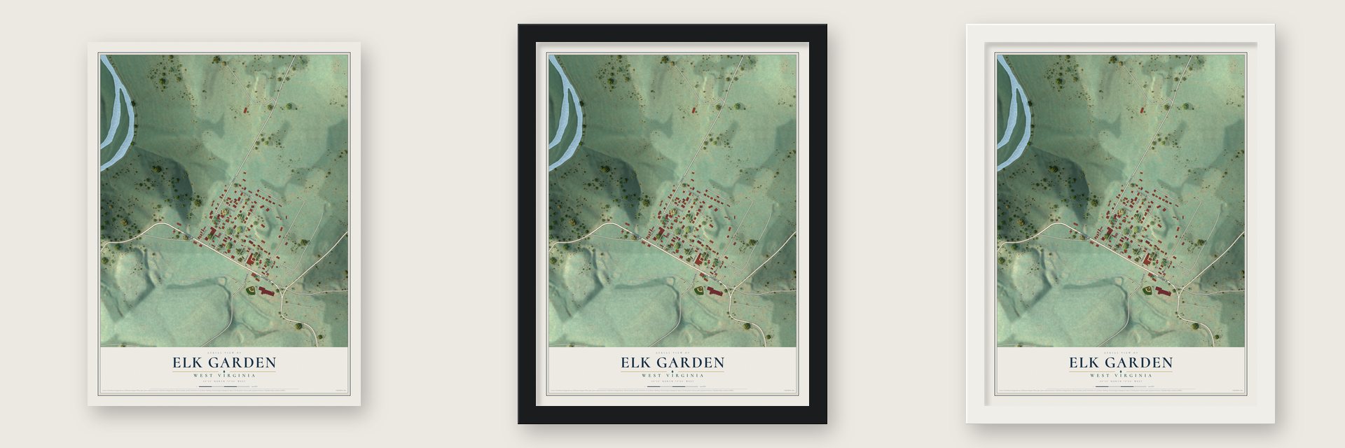 Elk Garden, West Virginia map unframed, in a black wood frame and in a white wood frame