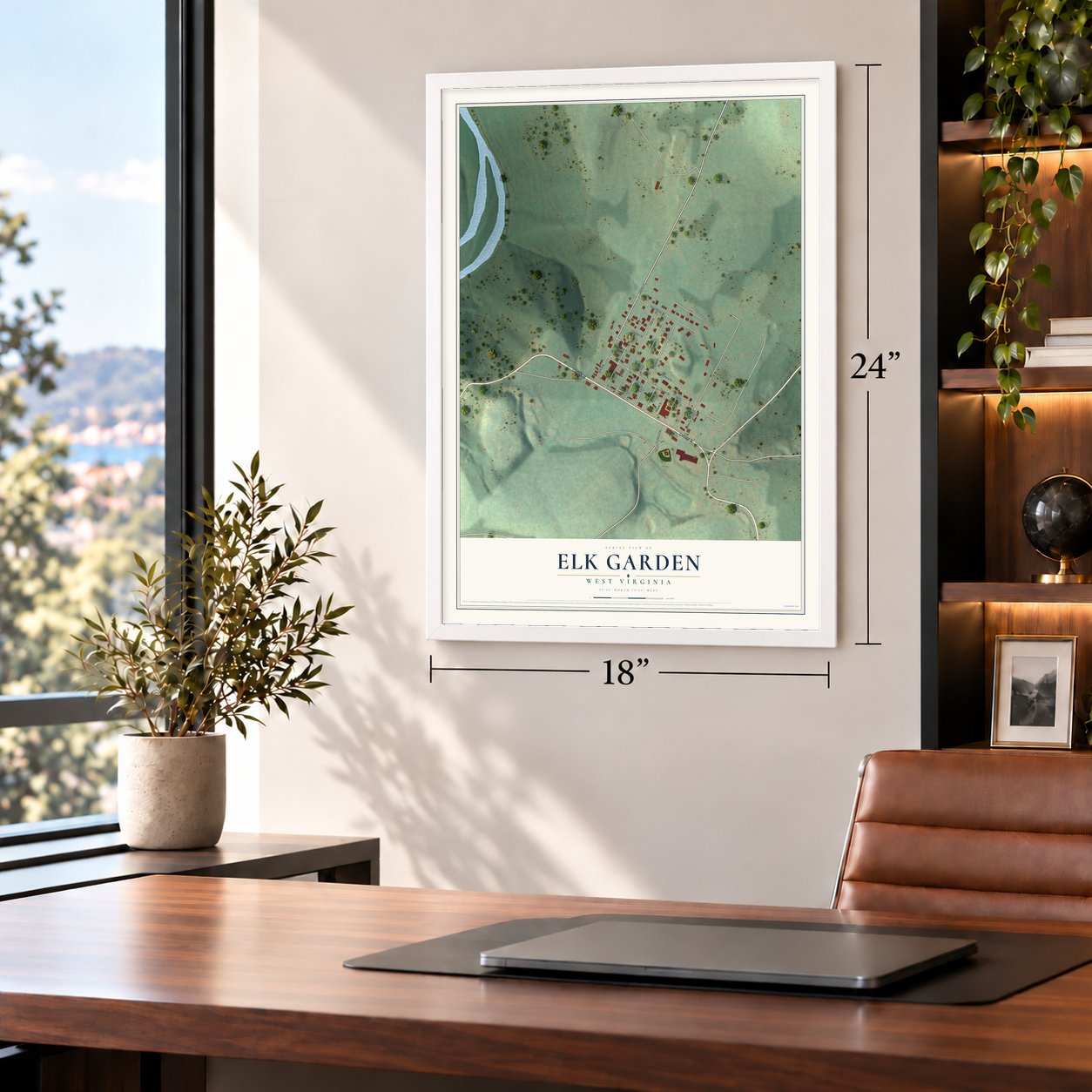 Elk Garden, West Virginia map, 18 x 24 inch print in a white frame in a home office