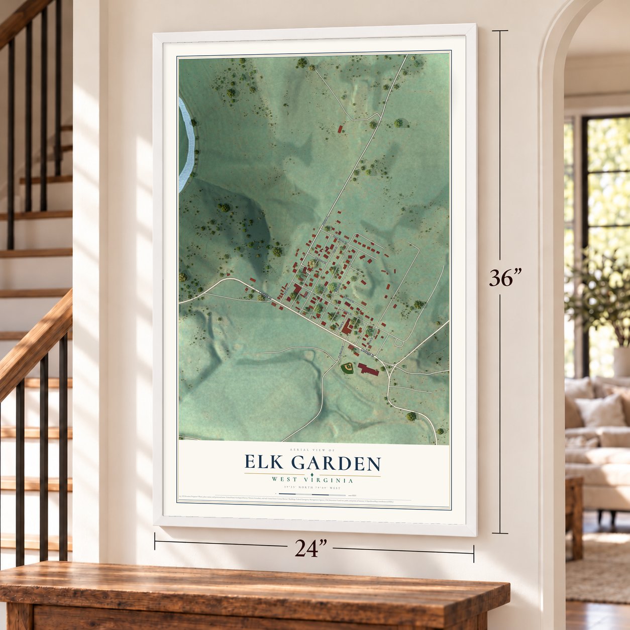Elk Garden, West Virginia map, 24 x 36 inch print in a white frame by a staircase