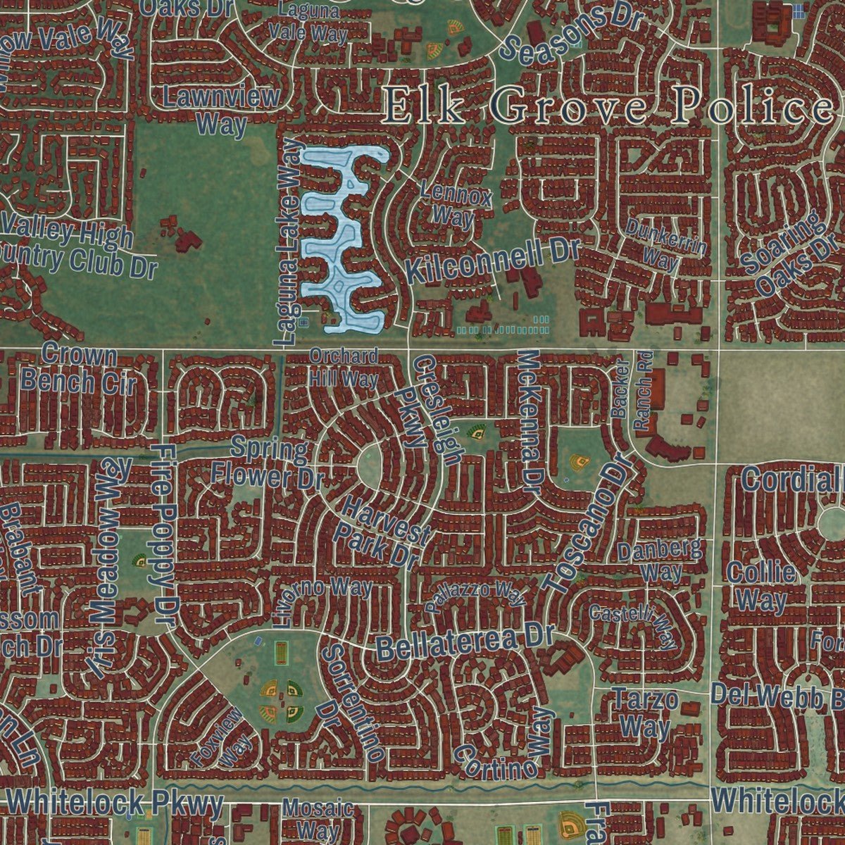 Second close-up of the map of Elk Grove, California print showing more streets and buildings
