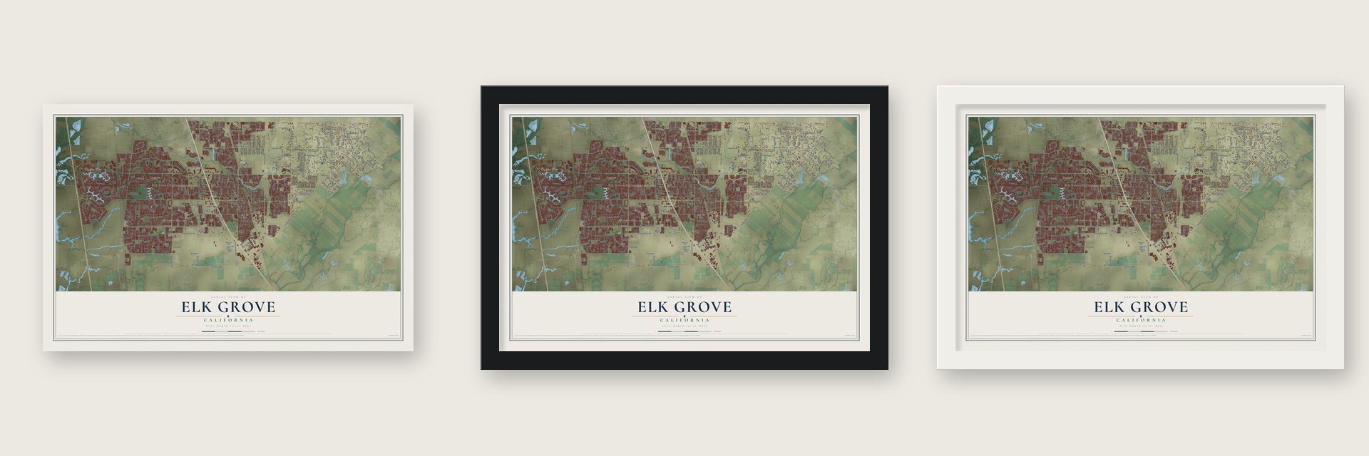 Elk Grove, California map unframed, in a black wood frame and in a white wood frame