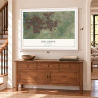 Elk Grove, California map, 24 x 36 inch print in a white frame above a dresser by a staircase