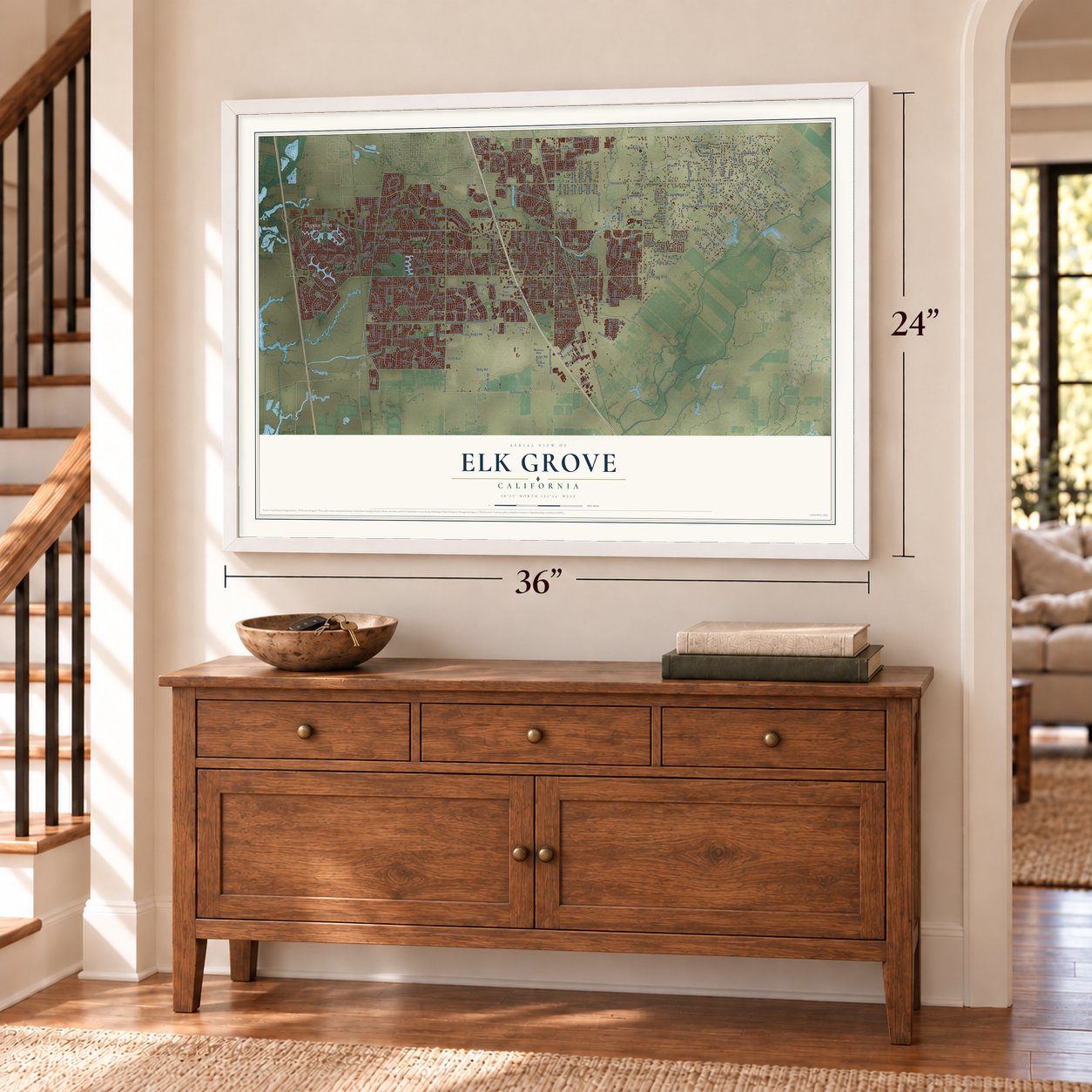 Elk Grove, California map, 24 x 36 inch print in a white frame above a dresser by a staircase