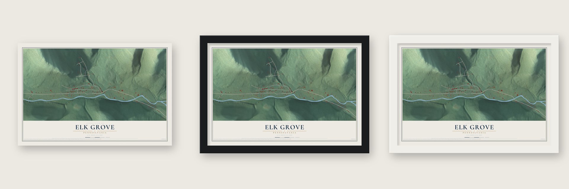 Elk Grove, Pennsylvania map unframed, in a black wood frame and in a white wood frame