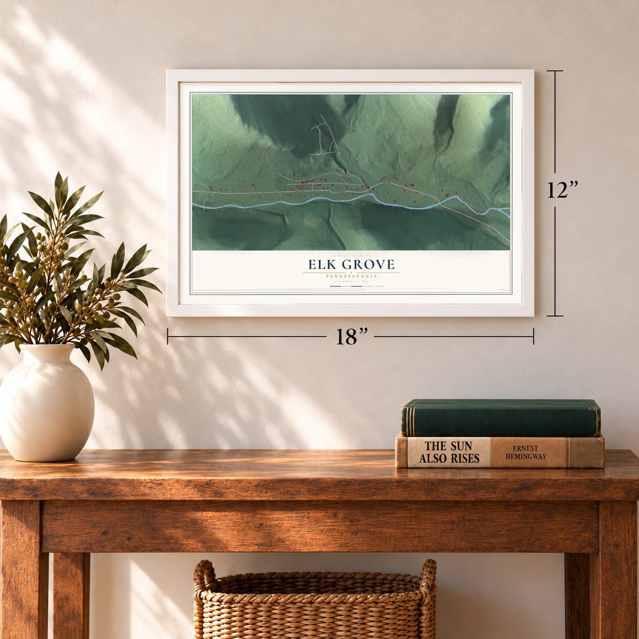 Elk Grove, Pennsylvania map, 12 x 18 inch print in a white frame in an entryway