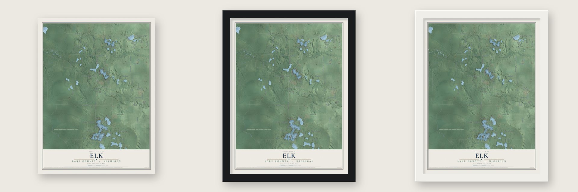 Elk, Lake County, Michigan map unframed, in a black wood frame and in a white wood frame