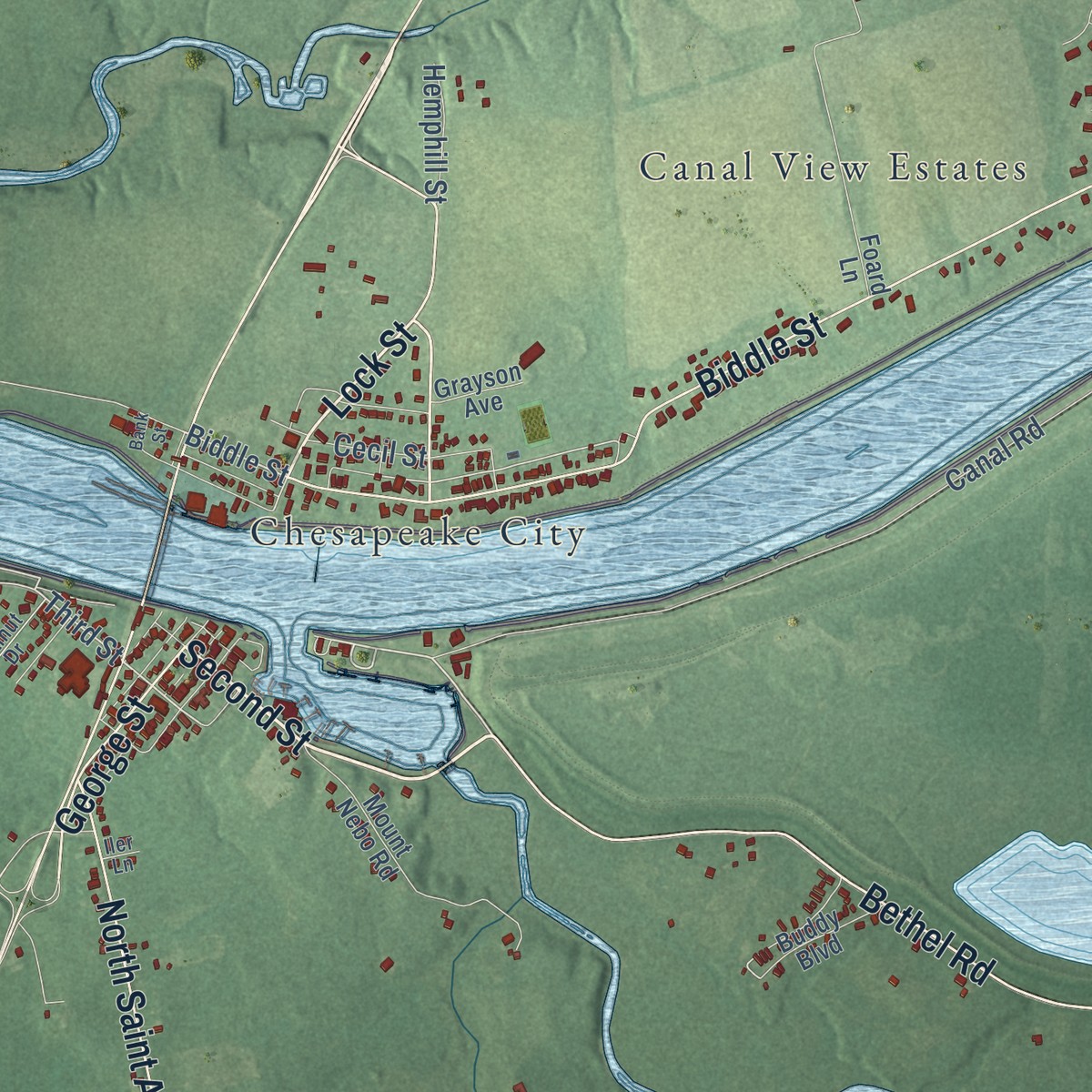 Second close-up of the map of Elk, Maryland print showing more streets and buildings