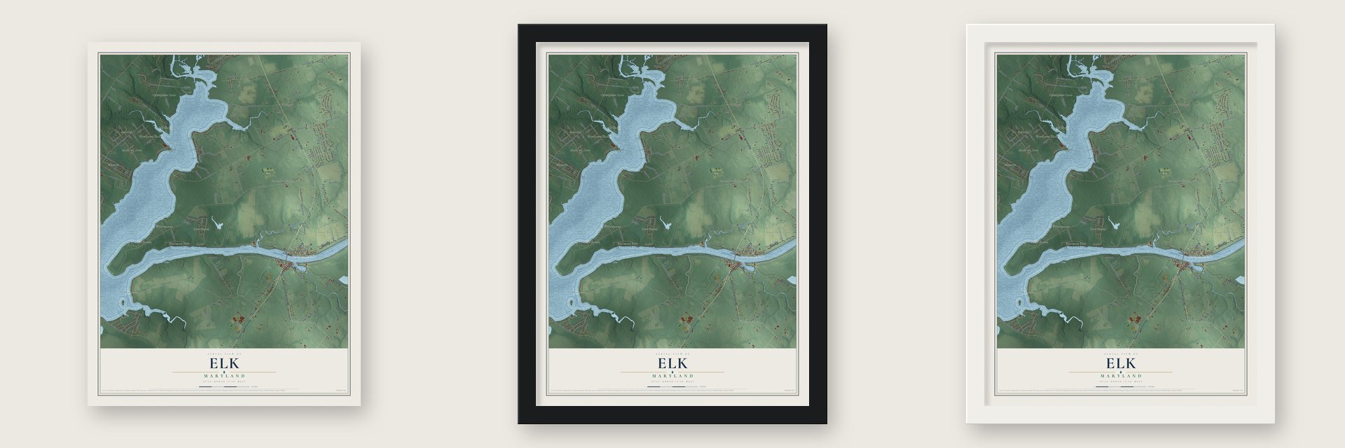 Elk, Maryland map unframed, in a black wood frame and in a white wood frame