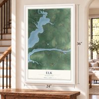 Elk, Maryland map, 24 x 36 inch print in a white frame by a staircase