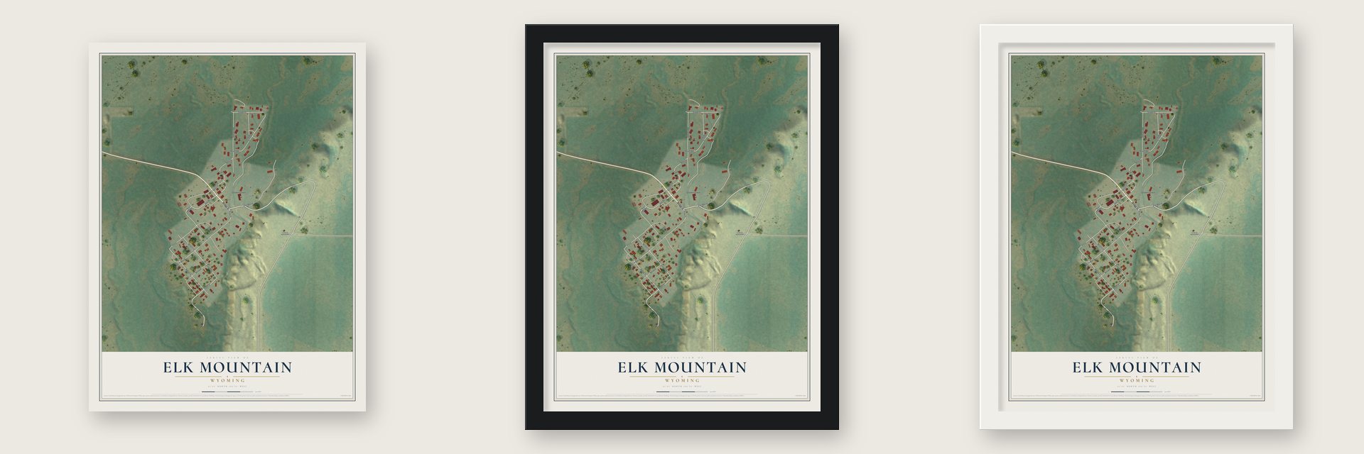 Elk Mountain, Wyoming map unframed, in a black wood frame and in a white wood frame