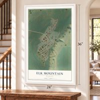 Elk Mountain, Wyoming map, 24 x 36 inch print in a white frame by a staircase