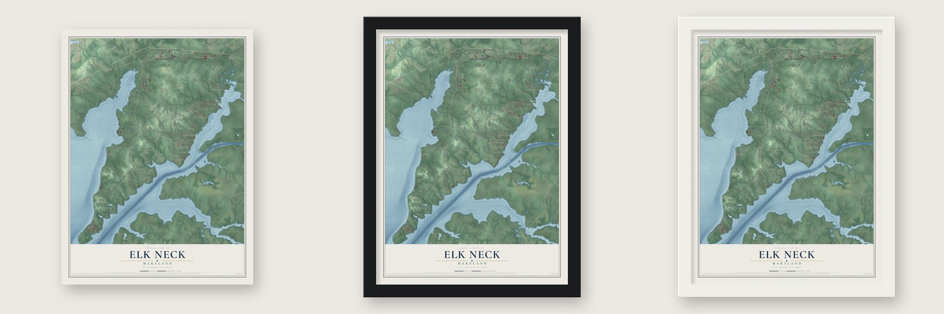 Elk Neck, Maryland map unframed, in a black wood frame and in a white wood frame