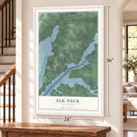 Elk Neck, Maryland map, 24 x 36 inch print in a white frame by a staircase