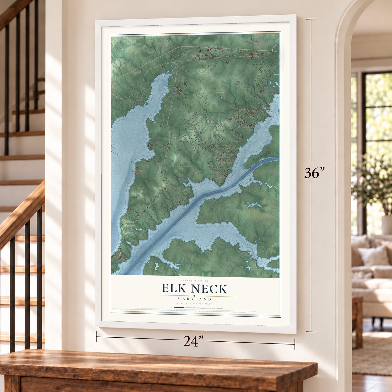 Elk Neck, Maryland map, 24 x 36 inch print in a white frame by a staircase