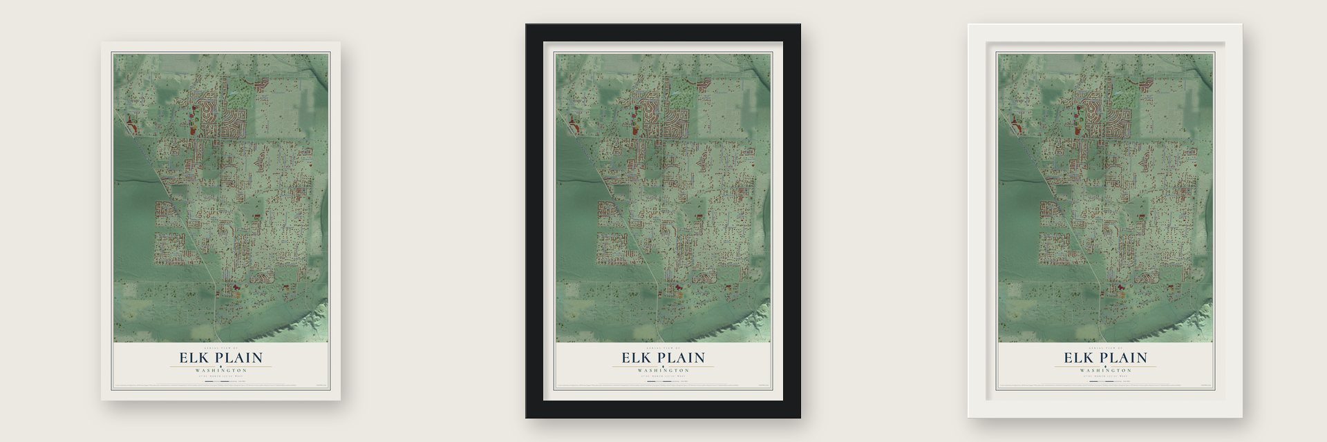Elk Plain, Washington map unframed, in a black wood frame and in a white wood frame