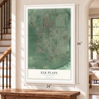Elk Plain, Washington map, 24 x 36 inch print in a white frame by a staircase