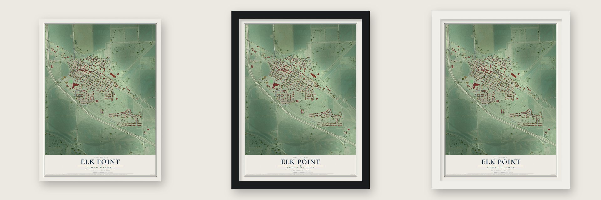Elk Point, South Dakota map unframed, in a black wood frame and in a white wood frame