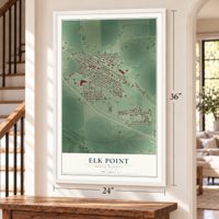 Elk Point, South Dakota map, 24 x 36 inch print in a white frame by a staircase