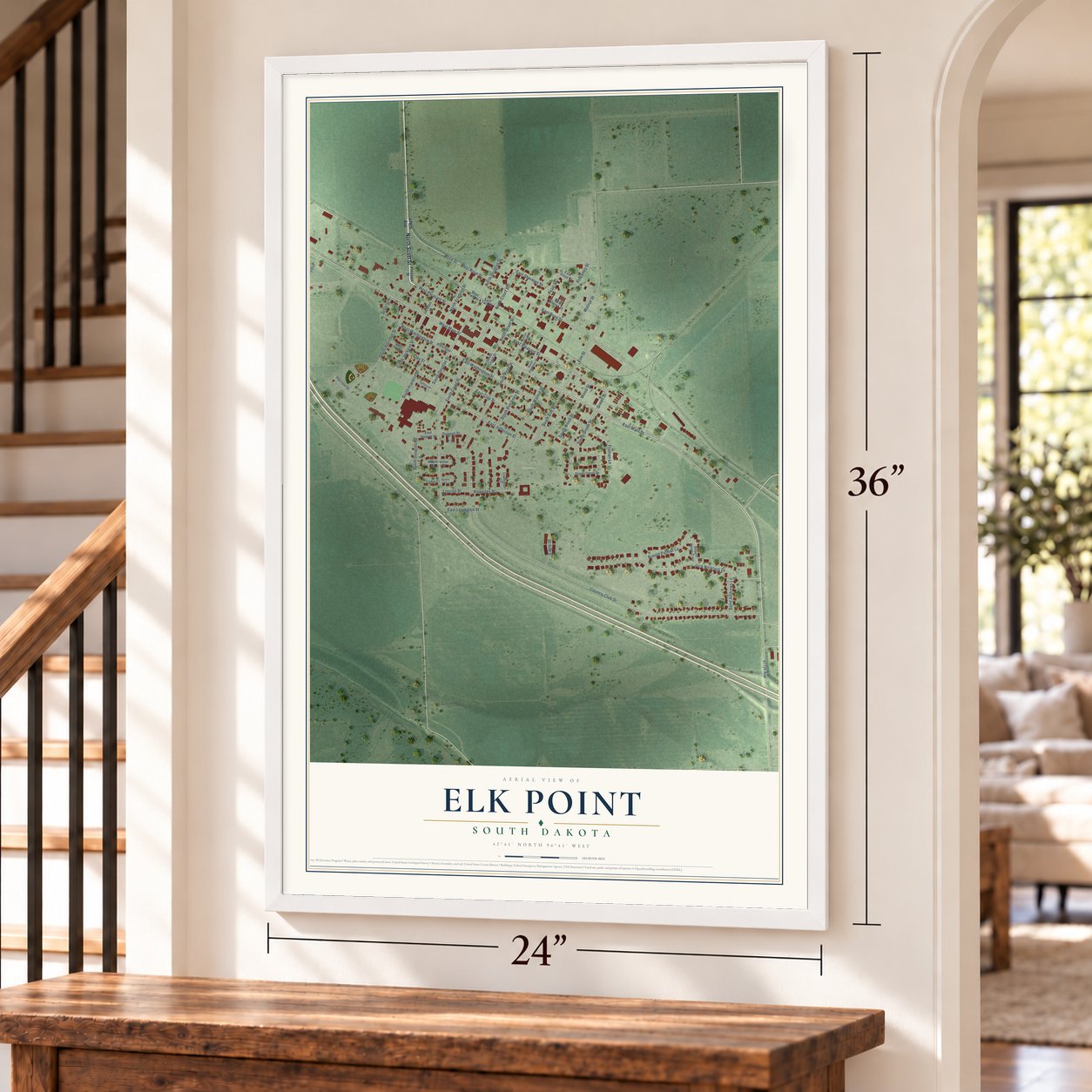 Elk Point, South Dakota map, 24 x 36 inch print in a white frame by a staircase