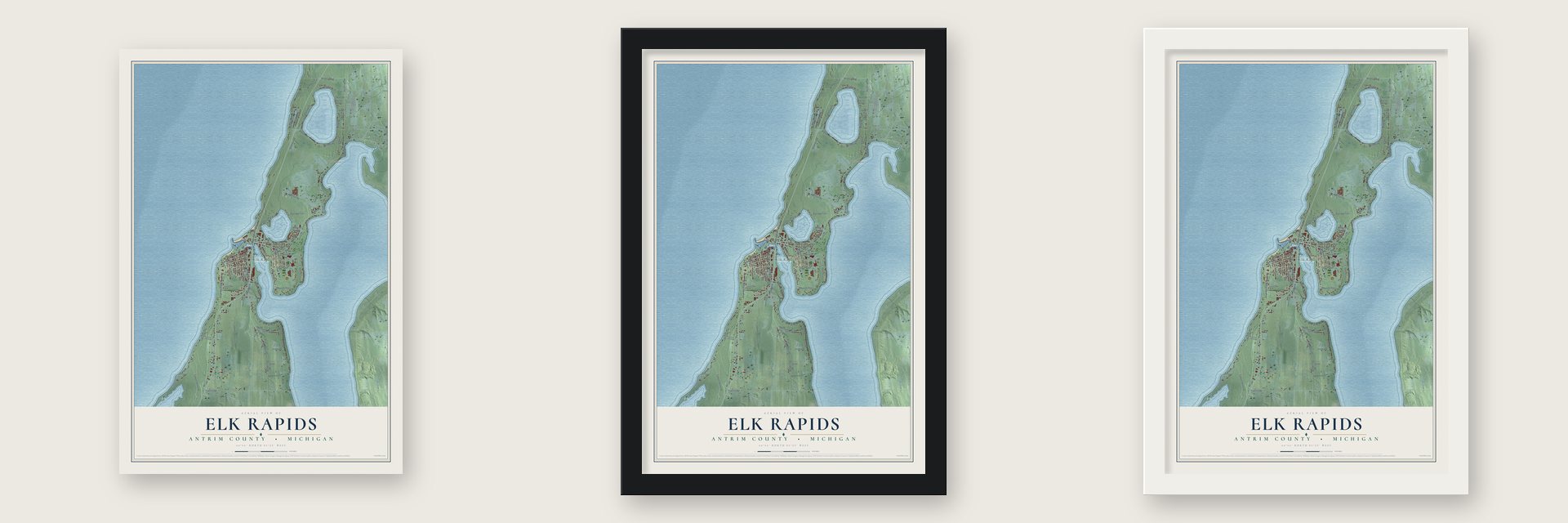 Elk Rapids, Antrim County, Michigan map unframed, in a black wood frame and in a white wood frame