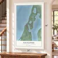 Elk Rapids, Antrim County, Michigan map, 24 x 36 inch print in a white frame by a staircase