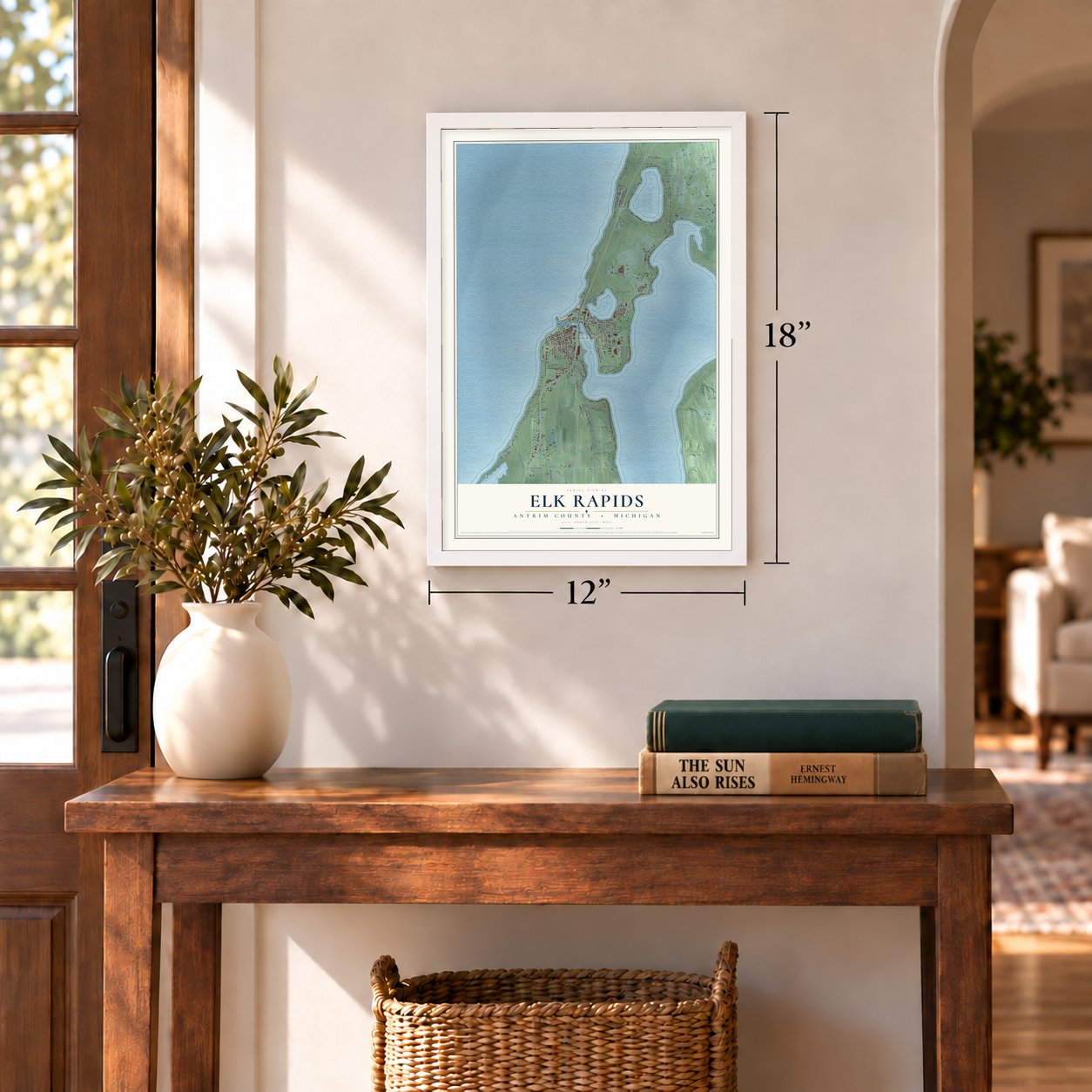 Elk Rapids, Antrim County, Michigan map, 12 x 18 inch print in a white frame in an entryway