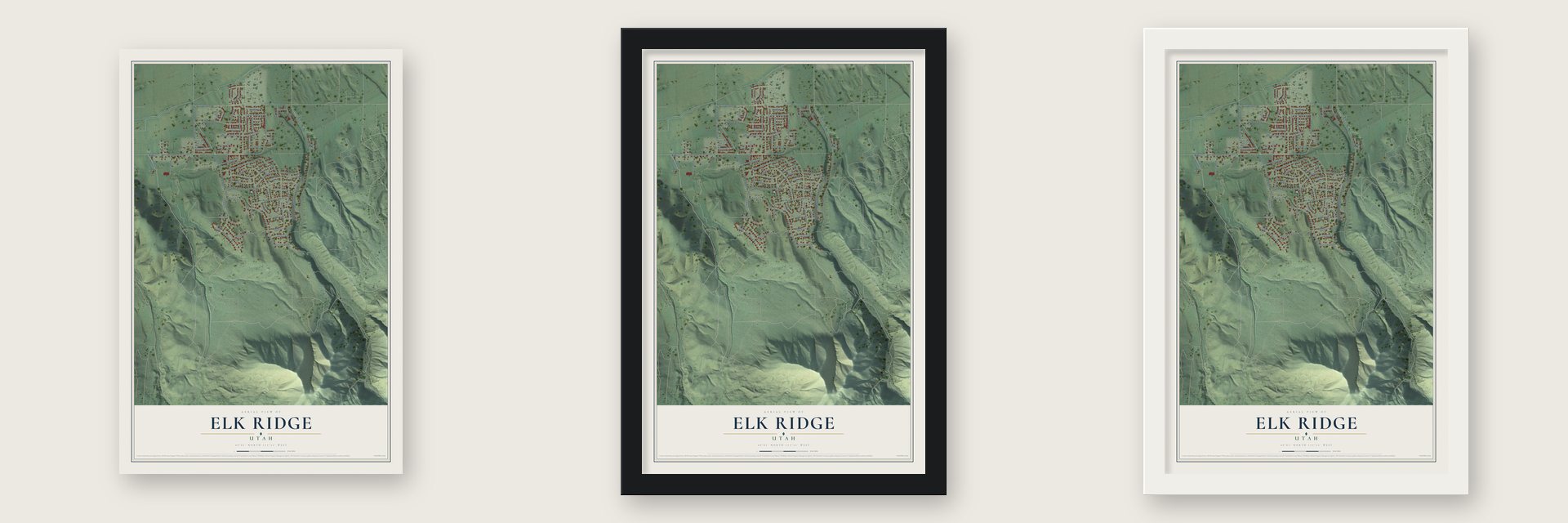 Elk Ridge, Utah map unframed, in a black wood frame and in a white wood frame