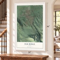 Elk Ridge, Utah map, 24 x 36 inch print in a white frame by a staircase